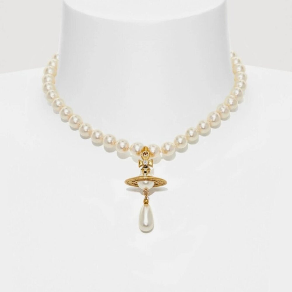 AUTHENTIC VIVIENNE WESTWOOD ORB PENDANT DROP PEARL NECKLACE IN GOLD